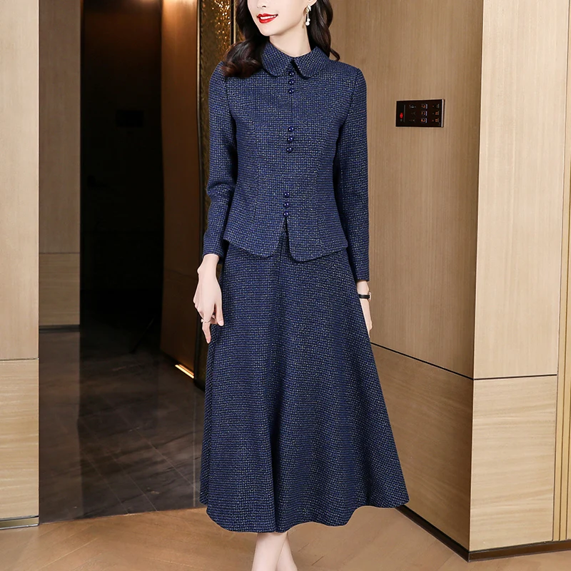 Женский винтажный шерстяной костюм, комплект из двух предметов, однобортный короткий пиджак с отложным воротником и юбка с высокой талией, Осень-зима