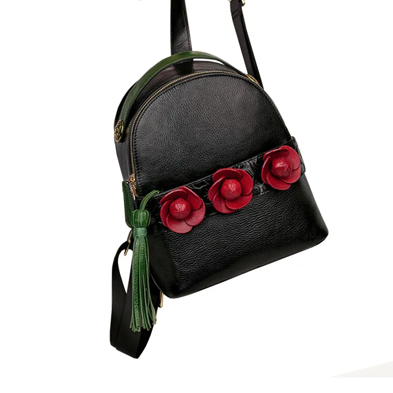 

New Real Cowhide Designer Handbags New trendy leather women's bag backpack casual tassel rose flower head layer leather backpack