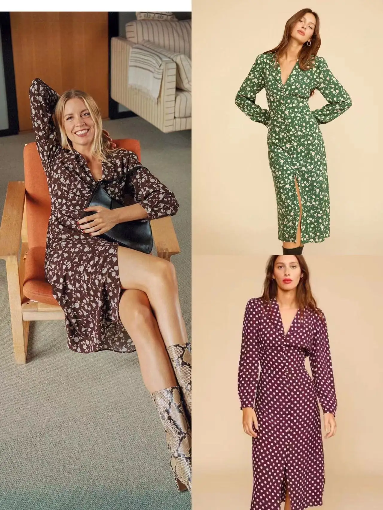 

100% Viscose Midi Dress for Women Floral Print Single Breasted Slit Long Sleeve Retro Female V-neck Robe 2021 Early Autumn