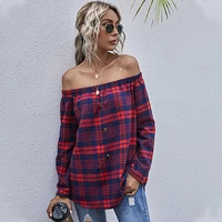 women plaid shirt sexy off shoulder long sleeve tops shirt slash neck office ladies blouses casual loose pullover shirts