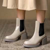 fashion cow leather womens ankle boots casual square heels office lady chelsea boots thick bottom non slip slip on woman shoes