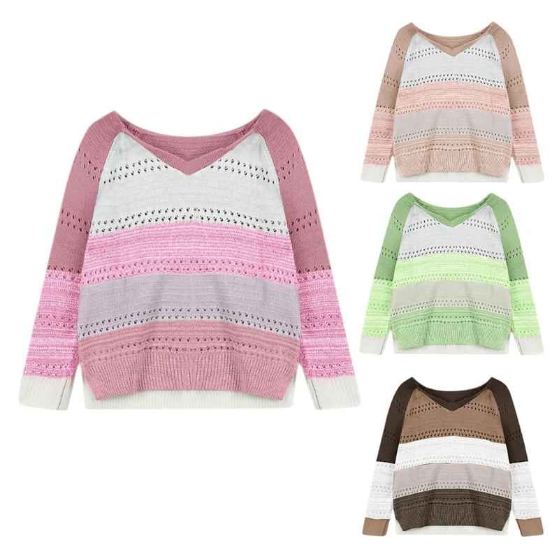 

Women Long Sleeve Sweater V-Neck Color Block Striped Hollow Out Knit Jumper Tops J78E