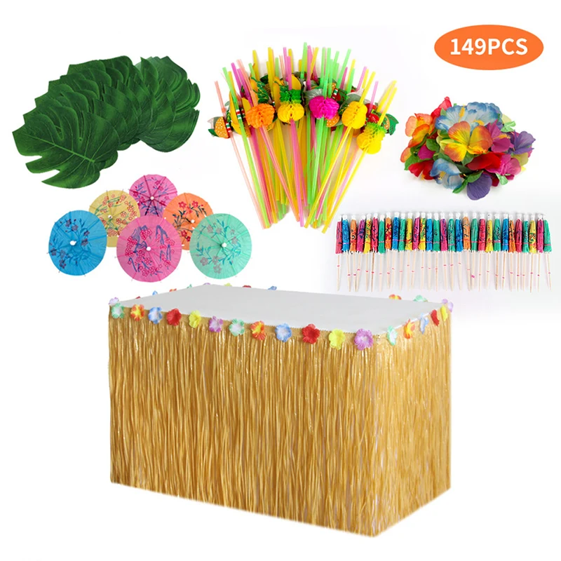 

109/149 Pcs Table Skirt Raffia Fringe Party Decoration Kit Is Suitable For Tropical HawaiI Or Moa Theme Birthday, Costume Party