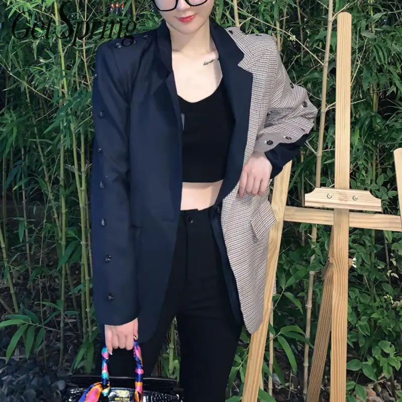 Getвесенний Женский блейзер в клетку стиле пэчворк с длинным рукавом