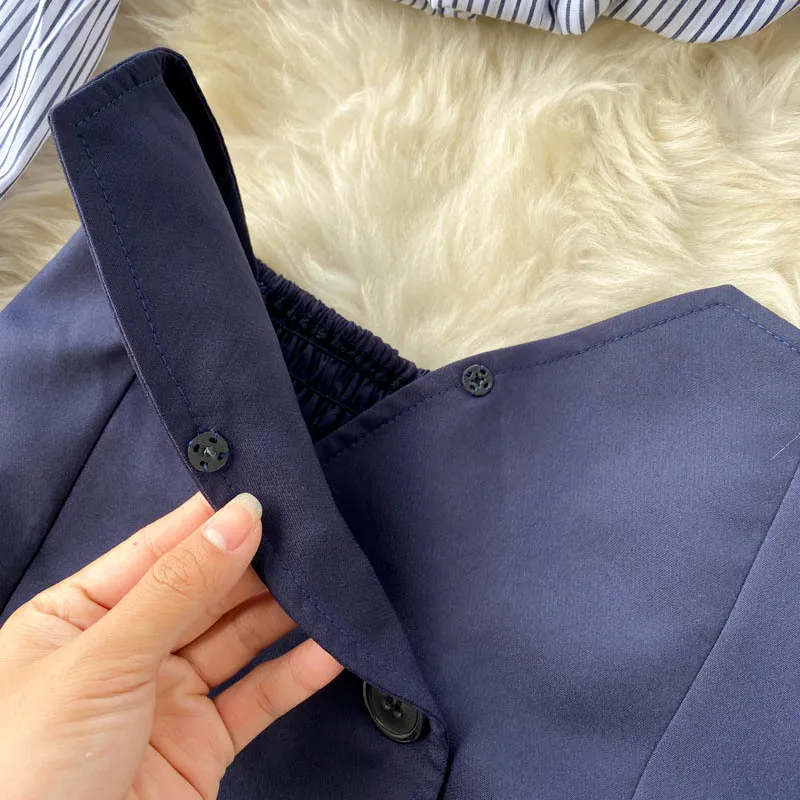

Women Office 2 Piece Set Blue Striped Print Letters embroidery Long Sleeve Shirt + High Waist Double Breasted A-line Skirt Suits