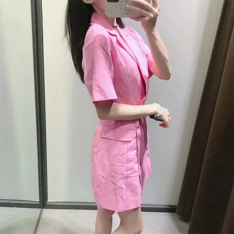 

2021 Summer Za Dresses Women Pink Linen Blazer Mini Dresses Casual Lapel Short Sleeve Belt Double Breasted Office Ladies Dress