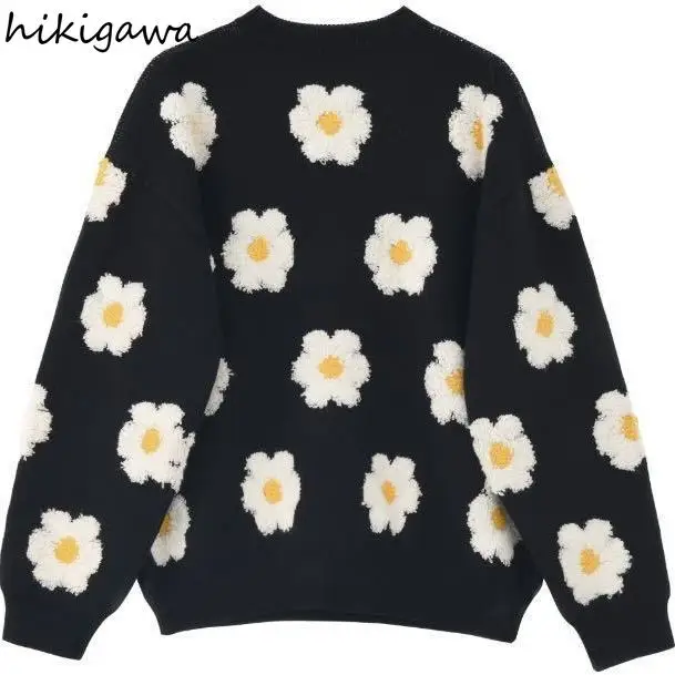 

Hikigawa Spring Autumn 3D Daisy Flowers Black White Contrast Color Sweater Women Plus Size Long Sleeve Knitted Pullover Tops