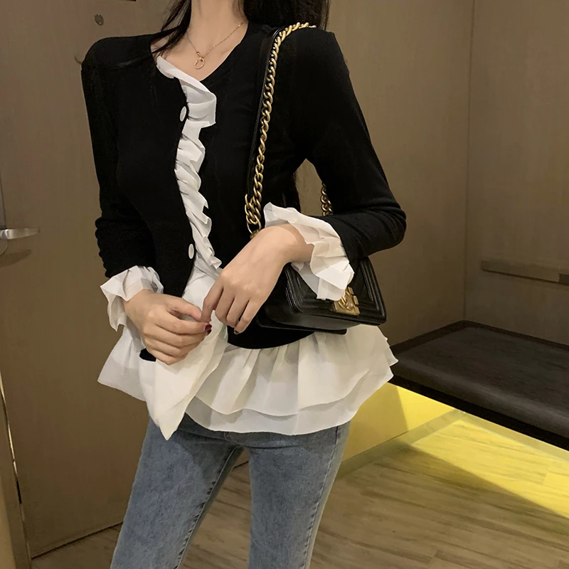

Korean Style Black Ruffles Fashion Brand Designer Women Blouses Slim Tops Autumn Blusas Mujer De Moda Ladies New Vetement Femme