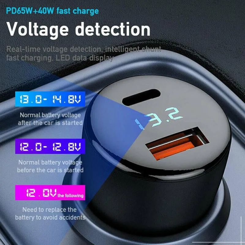 

Fast Charging Car Charger Type-c/USB Port 100W Charge Car Cigarette Lighter Splitter 12V-24V Universal Power Adapter PD65W+40W