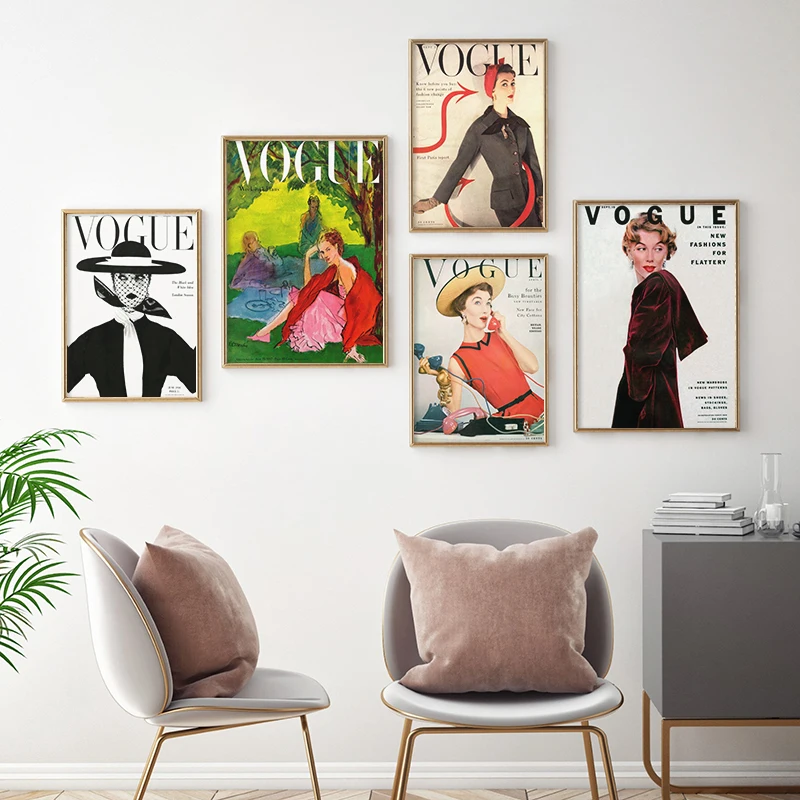 

Vintage Vogue Cover Girl Photography Fashion Magazine Poster and Print Canvas Painting Wall Art Picture Living Room Home Decor