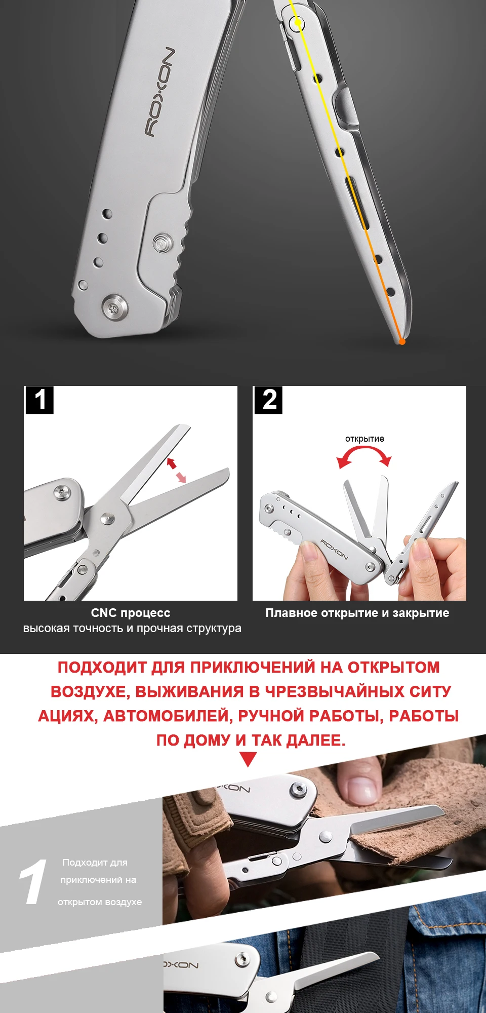 Складной карманный нож и ножницы Roxon 2 в 1 EDC Multi tool с зажимом для ремня, работа по дому, рукоделие, на открытом воздухе, кемпинг