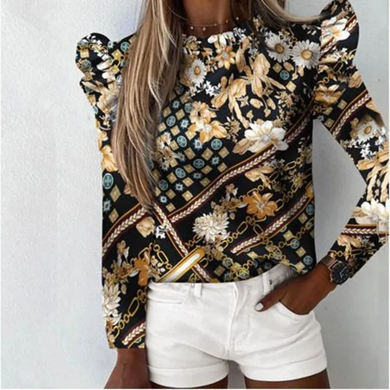 

Autumn Women's Casual Ruffled Long Sleeve Printed Floral Blouse 2020 Ladies Slim Shirt Elegant Tops Female Blusas Mujer