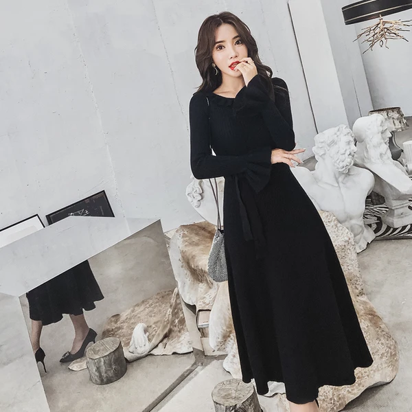 2019 осеннее и зимнее элегантное однотонное длинное платье-свитер для женщин с