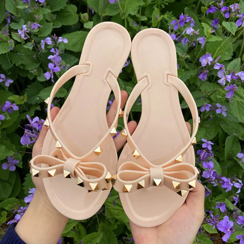 hot 2022 fashion woman flip flops summer shoes cool beach rivets big bow flat sandals brand jelly shoes sandals girls size 36 41 free global shipping