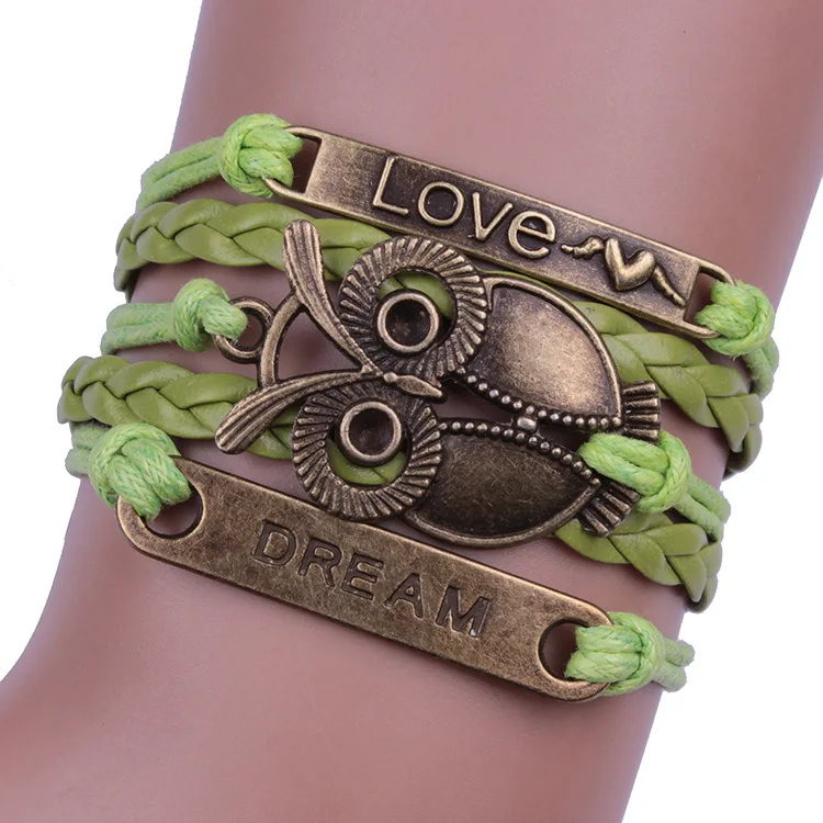 

2020 jewelry love dream owl grass green leather rope woven man and woman Bracelet Gift