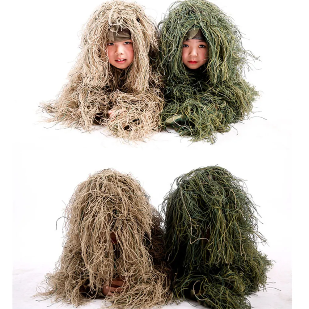 Детский костюм CS Bionic Grass Ghillie, камуфляжный костюм с капюшоном, винтовка джунглей, штаны, куртка, снайперский комплект