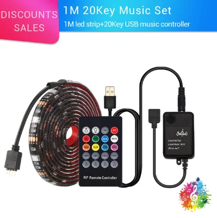 1 комплект RGB 5050 Светодиодная лента 0,5 m/1 m/2 m 30 светодиодный s/m DC5V Светодиодная лента с водонепроницаемым 20Key RF музыкальным пультом дистанционного управления для украшения - Испускаемый цвет: 1M 30LEDs set