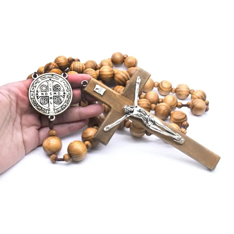 

Fashion Handmade Round Wood Bead Catholic Wall Rosary Cross Religious Necklace Christian Jewelry Charm Gift