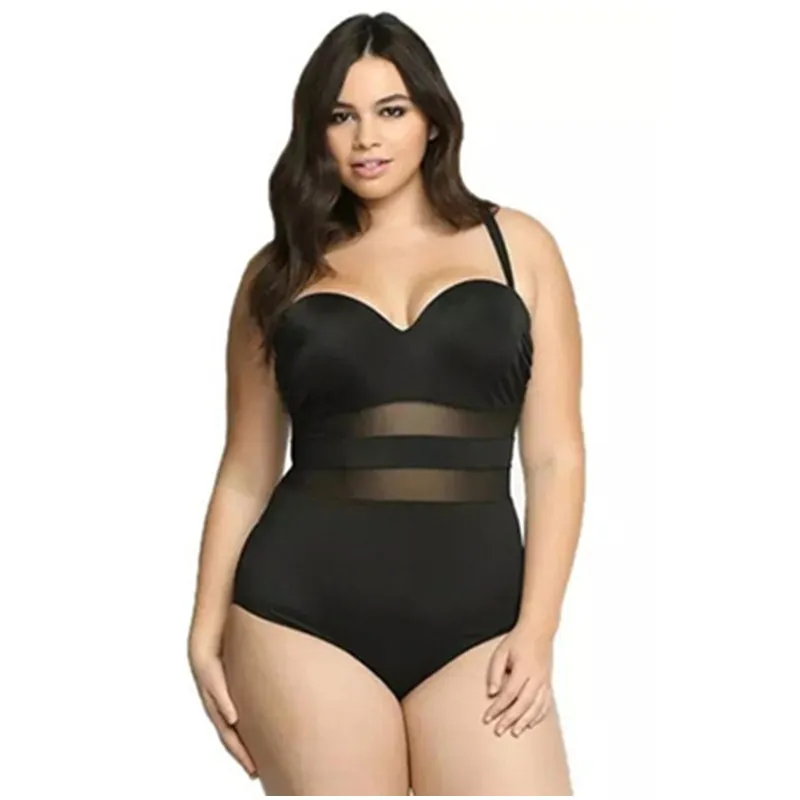 Женский сплошной купальник большие размеры черный белый сетчатый сшитый |