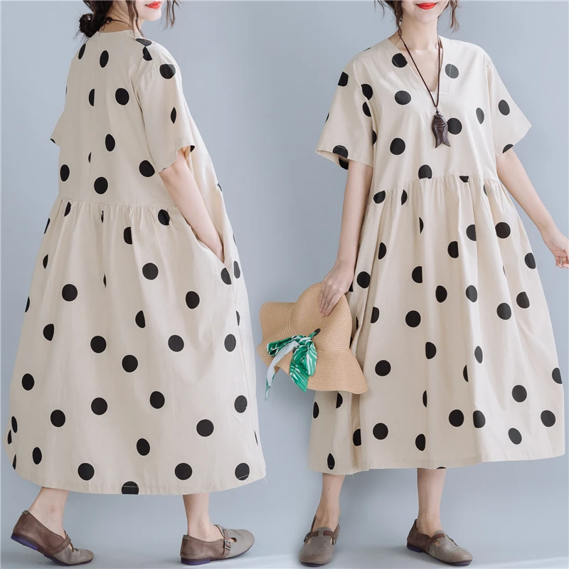 

Plus Size 2021 New Women Summer Dress V-Neck Beach Holiday Polka Dot Casual Elegant Lady Style Loose Long Female Dress