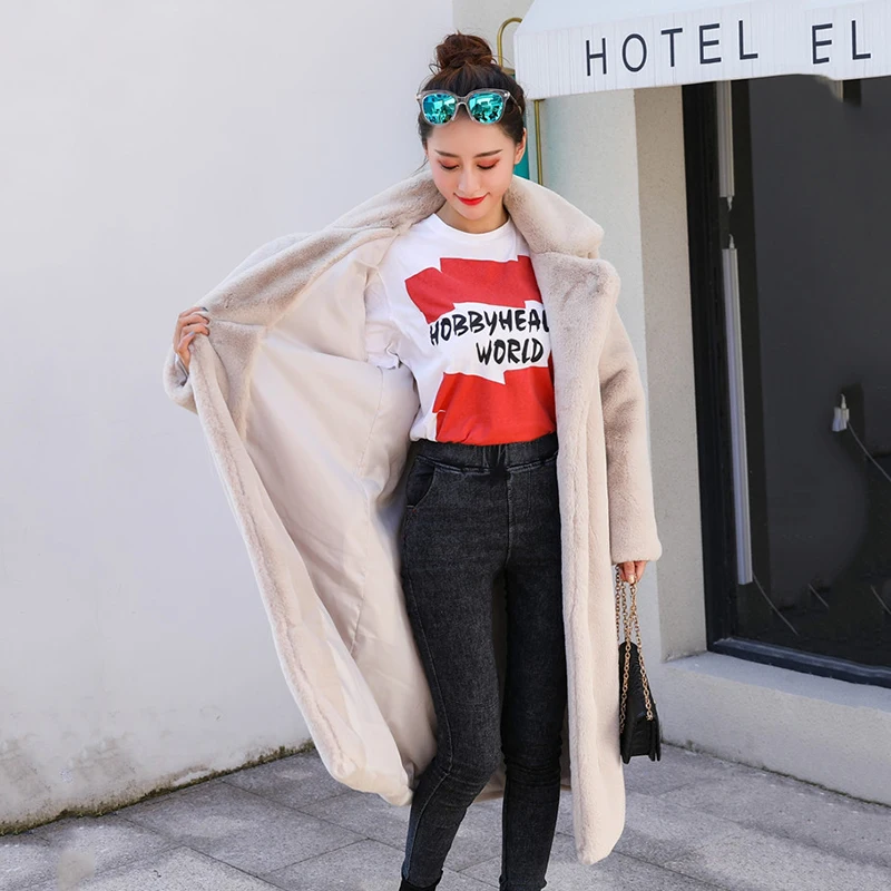 Женское пальто из искусственного кроличьего меха зима 2019 длинное норки женское