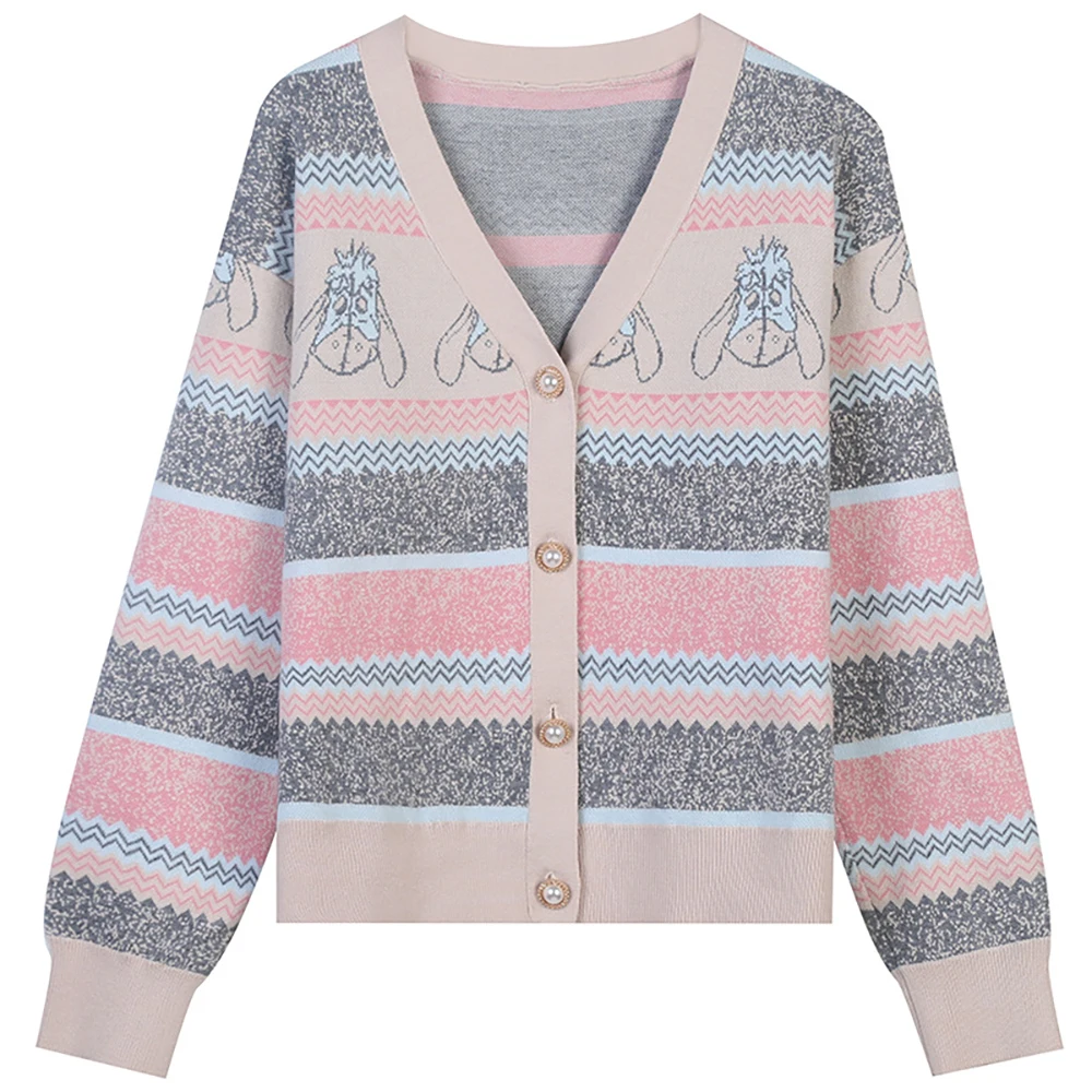 

2021 Autumn Winter New Vintage Striped Animal Jacquard Nail Bead Button Fashion Loose V-Neck Knitted Cardigan Women's