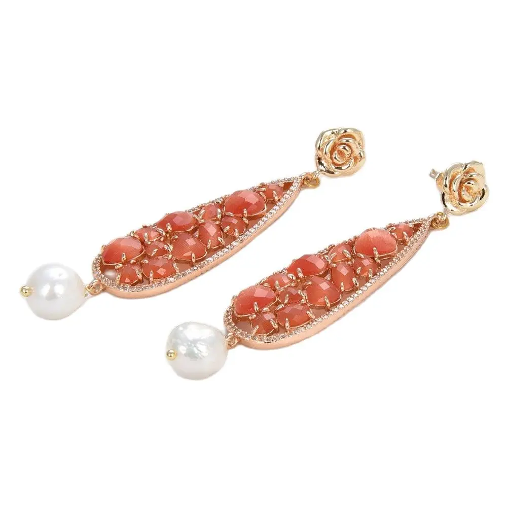 

GG Jewelry Natural Cultured White Baroque Keshi Pearl Bezel Set Orange Cat's Eye Flower Stud Earrings For Women