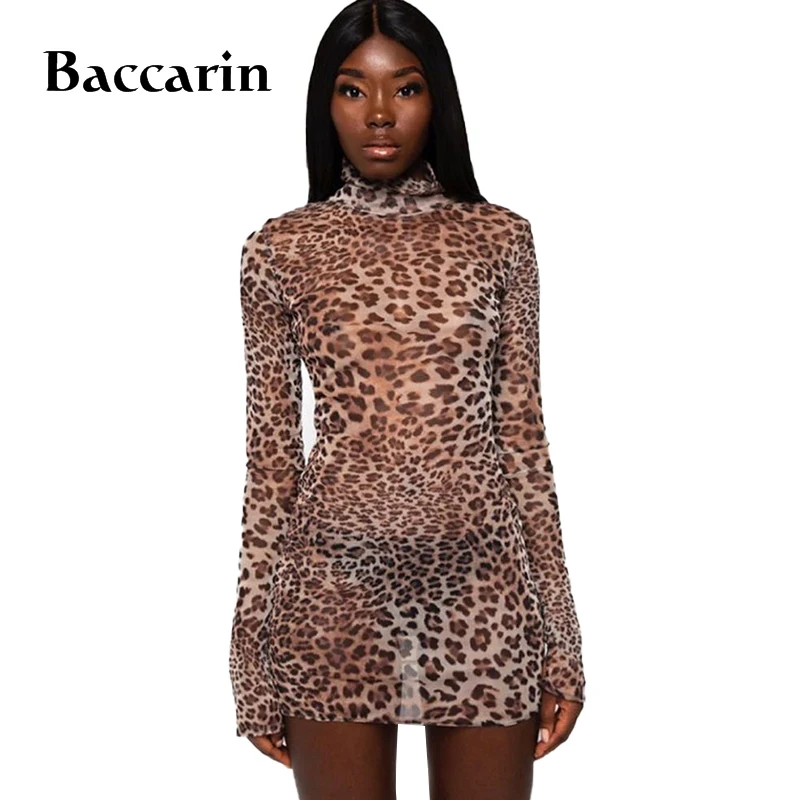 

Baccarin leopard mesh sheer see through mini dress long sleeve slit turtleneck bodycon sexy streetwear 2020 autumn winter club