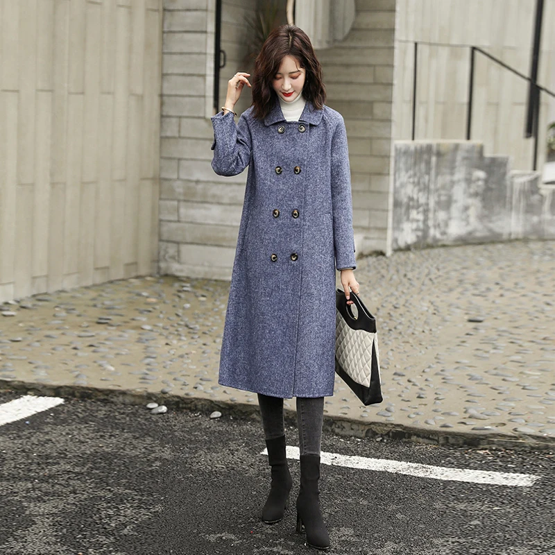 

New Solid Color Double-faced Cashmere Fall Coat Women Double-breasted Wool Suit Collar Wide-waisted Fashion Long Wool Coat Women