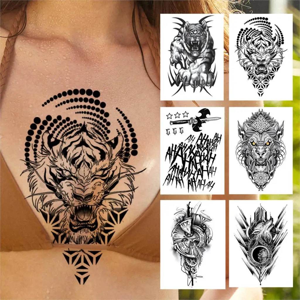 Ferocious Tiger Temporary Tattoo For Women Men Kids Boys Demon Compass Gear Tattoos Sticker Fake Black Tribal Tatoos Chest Body