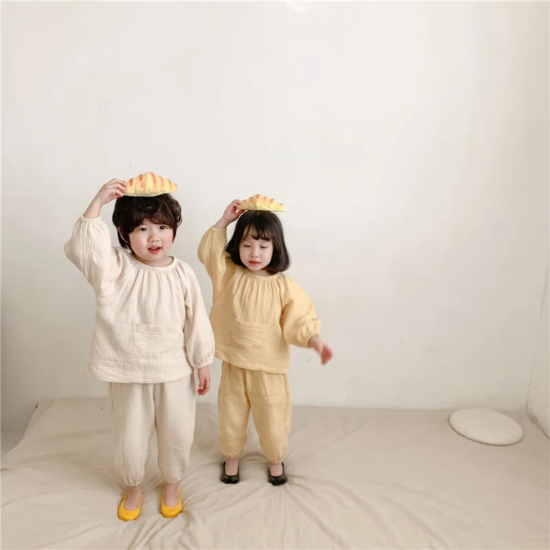 

2021 Spring Summer unisex kids solid color casual pajama sets boys and girls cotton linen sleepwear 2pcs suit clothes
