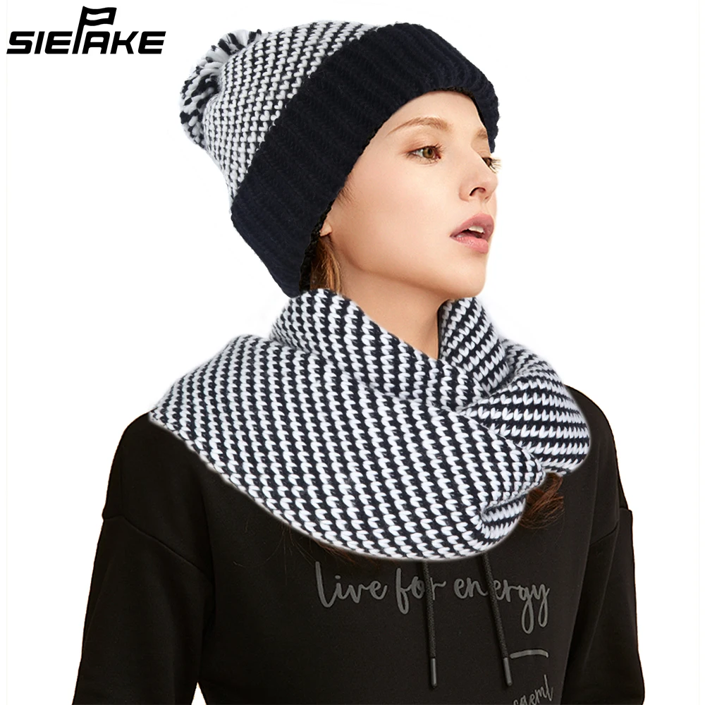 

Houndstooth Classic Hat And Scarf 2pcs Suit Fashion Classic Wild Brand Winter knitted Women Thick Warm Knit Bonnet Beanie Caps