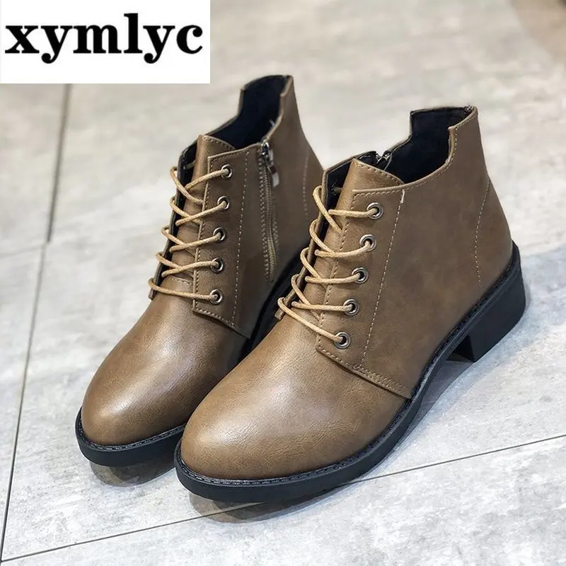 

2020 Fashion Women Ankle Boots PU Leather Autumn Winter Shoes Woman Square Low Heel Botas Zapato Chaussures Femme