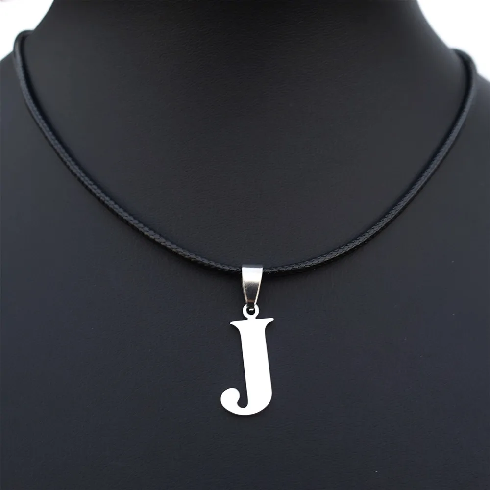 Alphabet J Stainless Steel Letter Pendant Necklace Fashion Men Jewelry With Black Cord for more 26 Letter