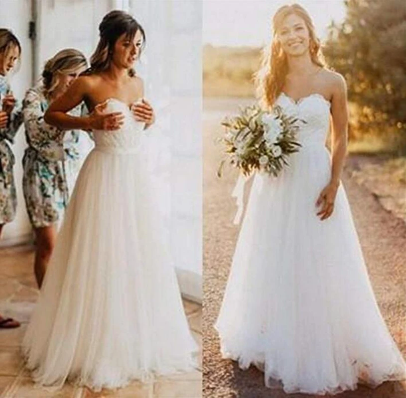 

New Arrival Elegant Summer A Line Beach Wedding Dresses 2019 With Sweetheart Neck Backless Beautiful Romantic Bride Gown