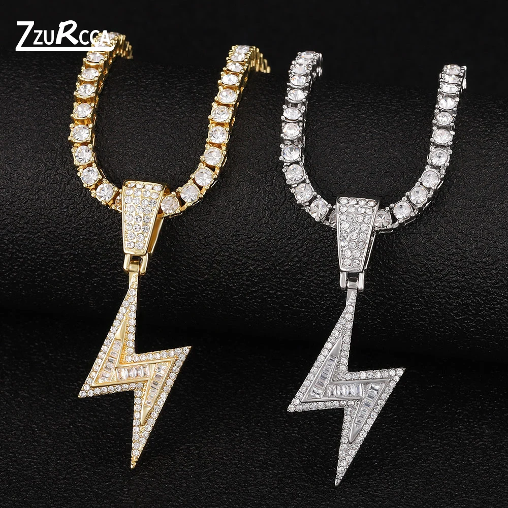 

Hip Hop Lightning Pendant Necklace Gold Tennis Chain Iced Out Rhinestone Necklaces for Women collares de moda 2021