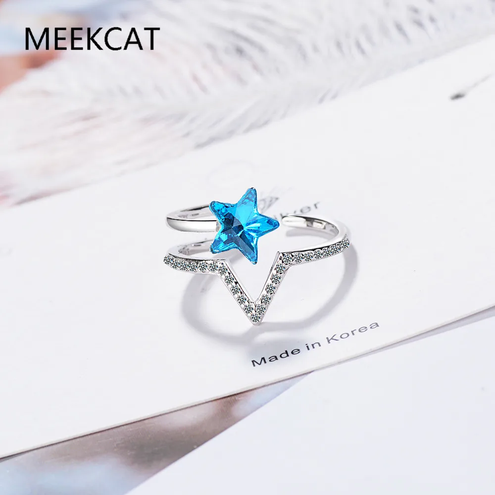 

Wild Open Ring Blue Crystal Stars 925 Sterling Silver Temperament Personality Fashion Female Resizable Opening Rings SRI203