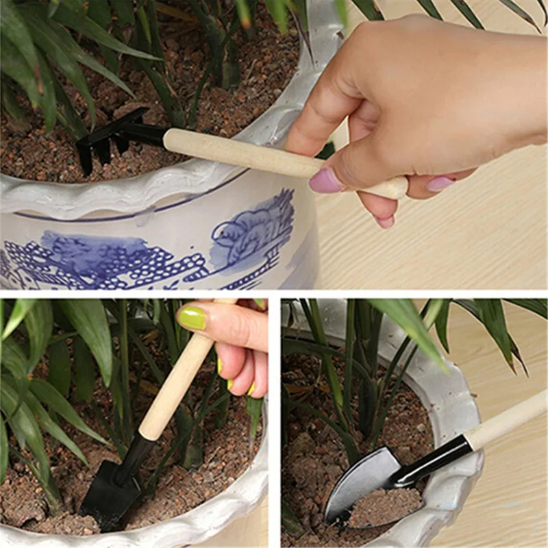 3pcs Mini Garden Tool Sets Shovel Rake Spade Bonsai Tools Set Wooden Handle Metal Head For Flowers Potted Plant |