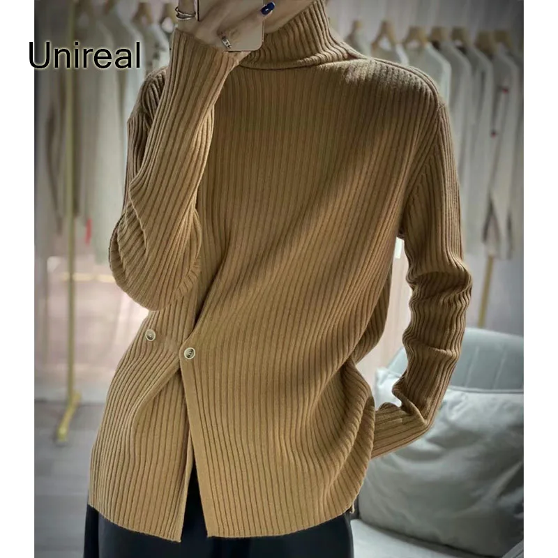 

Unireal 2022 Winter Women Knitted Turtleneck Sweater Side Slit Long Sleeve Chic Elegant Female Pullover Sweater