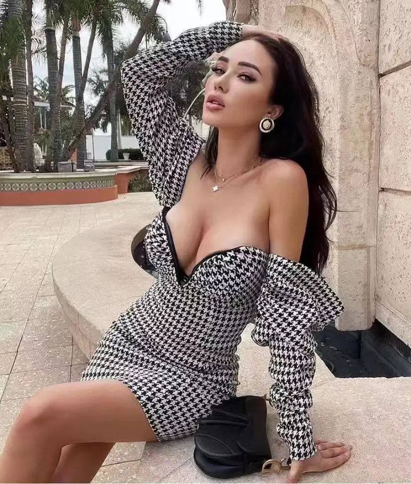 

Winter Women Sexy V Neck Off Shoulder Full Sleeve Bandage Dress 2021 Vintage Elegant Celebrity Evening Party Dress