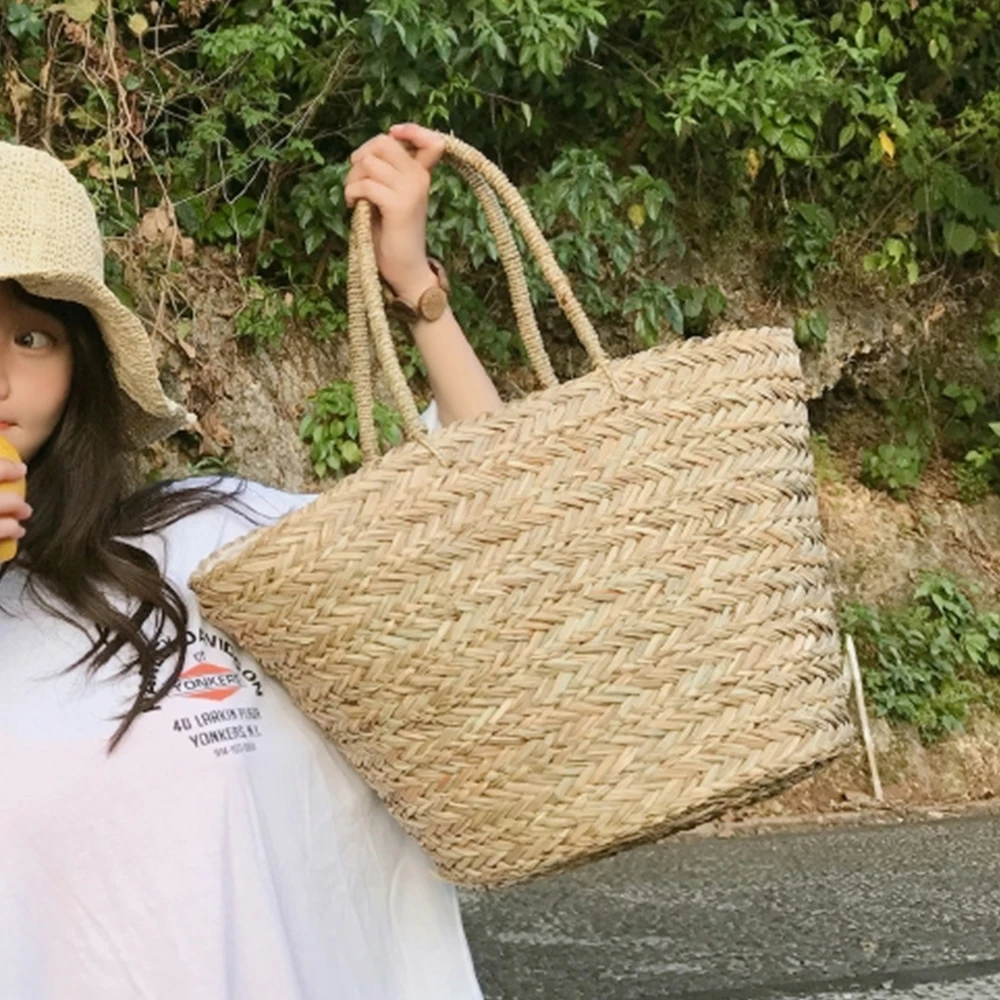 

Casual Rattan Basket Women Handbags Wicker Woven Shoulder Bag Straw Bags Summer Beach Big Bali Purses Large Capacity Tote 2021