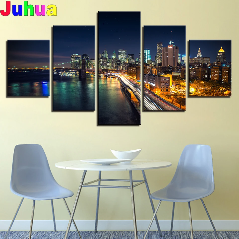 

5 Pieces Brooklyn Bridge Diamond Painting Crystal Full Round diamond Mosaic Diamond embroidery New York City Building Landscape,