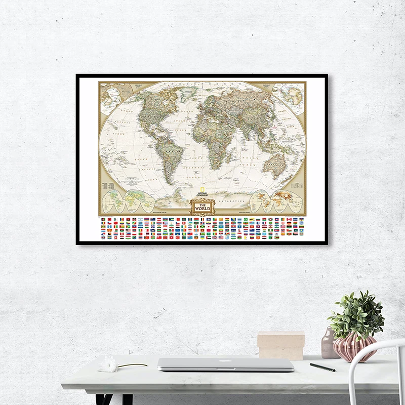 

84*59cm The World Map with National Flags Wall Art Poster Vintage Canvas Painting Classroom Students Supplies Home Decoration