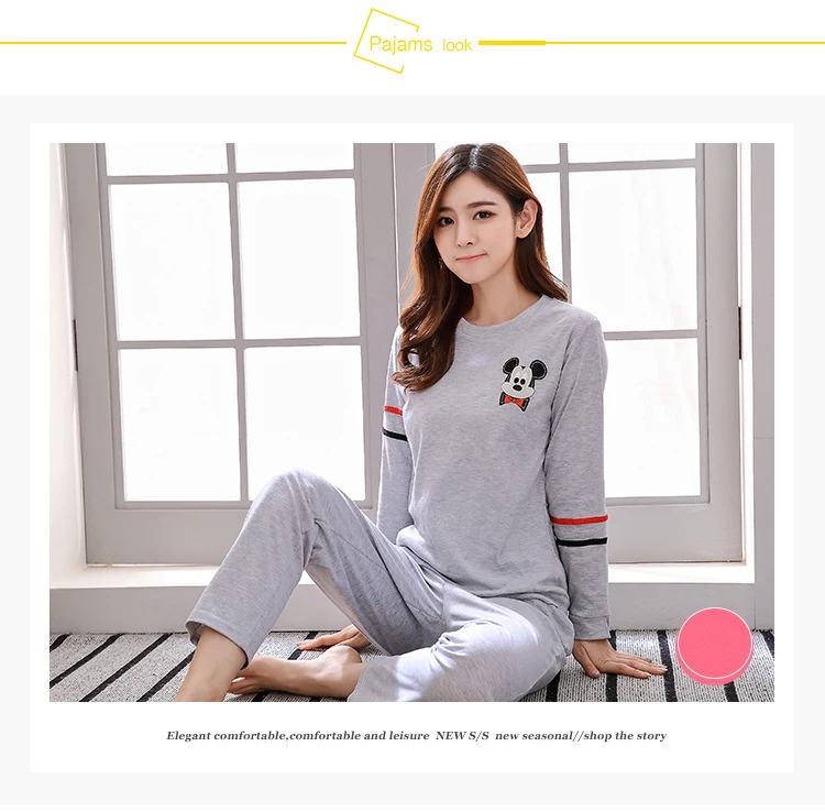 Пижамные комплекты для женщин с круглым вырезом Pijama Mujer пижама с длинным рукавом весенняя Хлопковая пижама Femme Повседневные наборы пижам комплект из двух предметов
