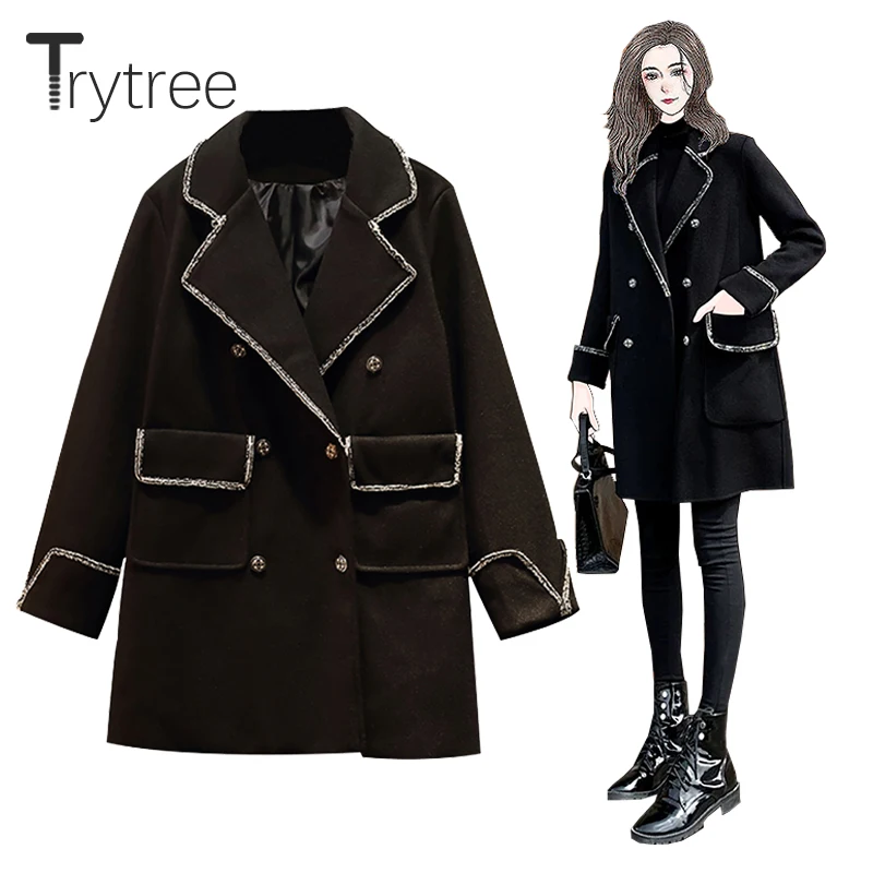 

Зимняя Повседневная Женская твидовая куртка Trytree 2020, двубортная Офисная Женская куртка с карманами и вставками по краям