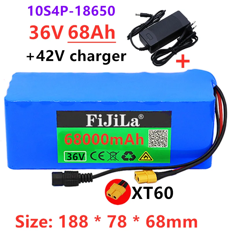 

36V 10S4P 68Ah battery pack 1000W high power battery 42V 68000mAh Ebike electric bicycle BMS 42v battery with xt60 plug+charger