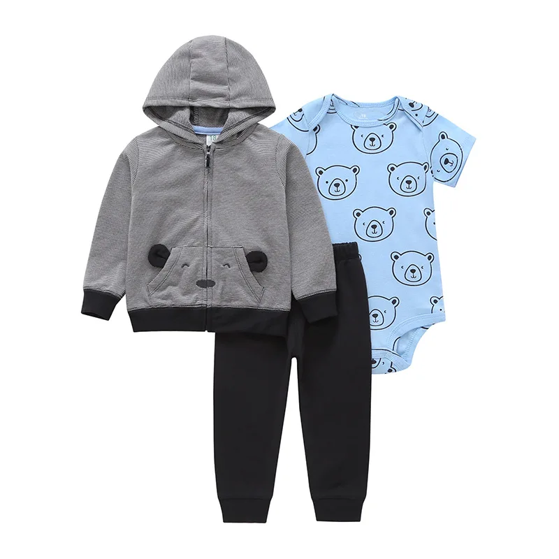 

Spring and autumn casual baby suit cartoon hooded coats one-piece top trousers three-piece suit 0-1 year old baby clothes