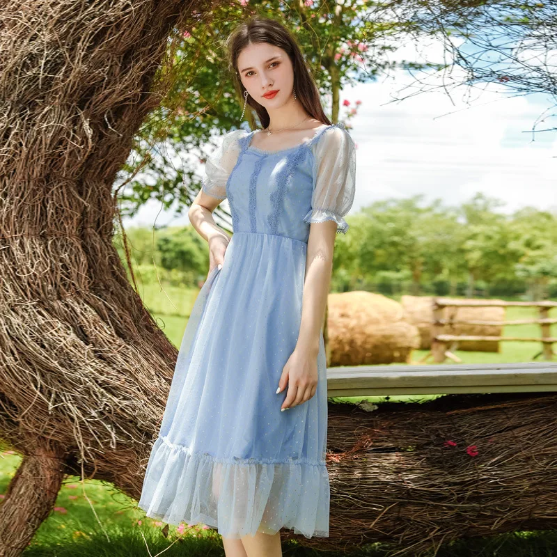 Прозрачное Сетчатое голубое длинное платье без бретелек с рукавами фонариками в