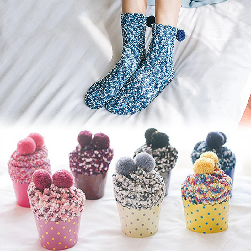 

Women Girl Plush Knit Winter Warm Socks Casual Lovely Coral Fleece Candy Colors Mid Calf Cupcake Floor Socks Comfortable