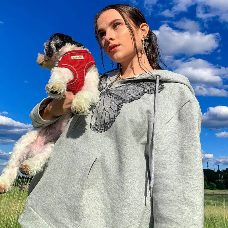 Y2K Fashion Butterfly Graphic Rhinestone Zip Up Hoodies E-girl 90s Sweetshirts Harajuku Grey Jacket Autumn Oversized Hoodie Tops